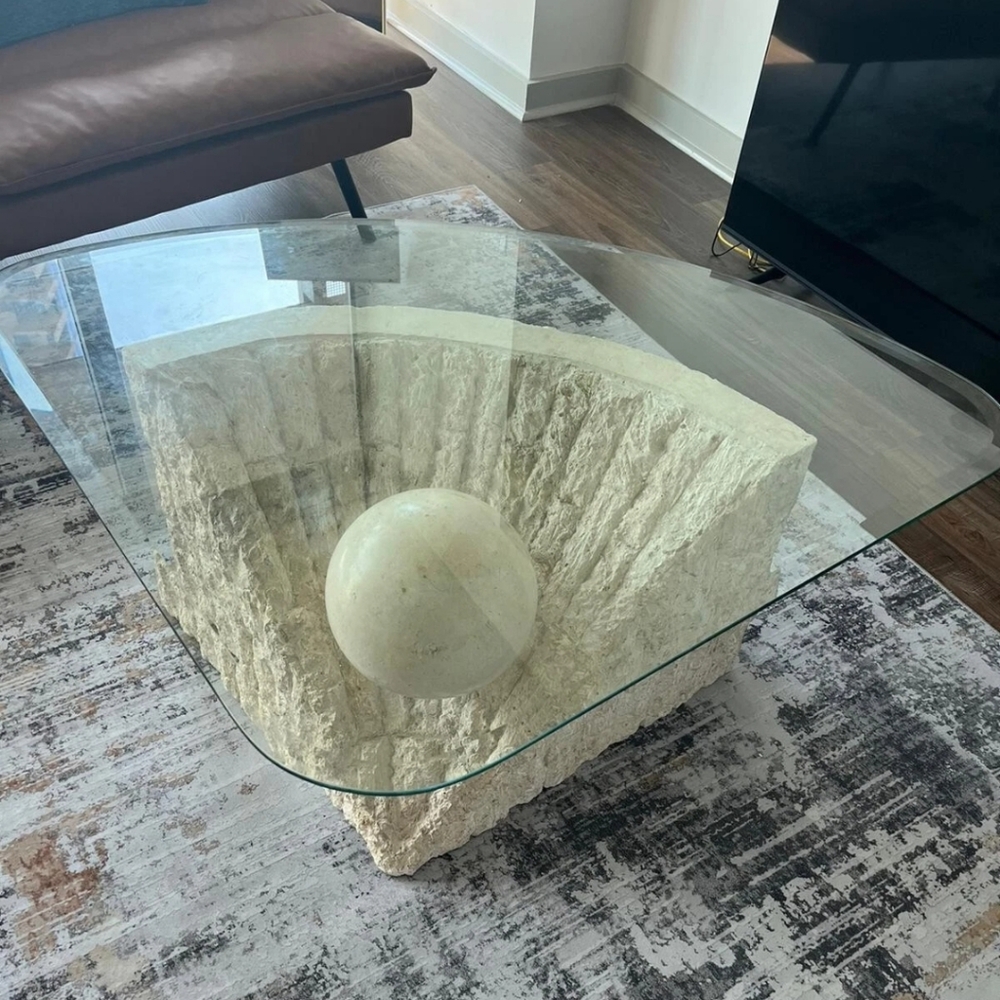 Glass Top Stone Base Coffee Table